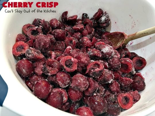 Cherry Crisp | Can't Stay Out of the Kitchen | this fantastic #recipe is the perfect #dessert now that #FreshCherries are in season. It's flavored with #AlmondExtract & has a delightful #Oatmeal topping. Terrific for potlucks, backyard barbecues & summer #holiday fun like #FourthOfJuly. #cherries #CherryCrisp #CherryDessert #HolidayDessert #NorthwestCherries #NorthwestCherryGrowers #NWCherries #Canbassador #NWCherryGrowers
