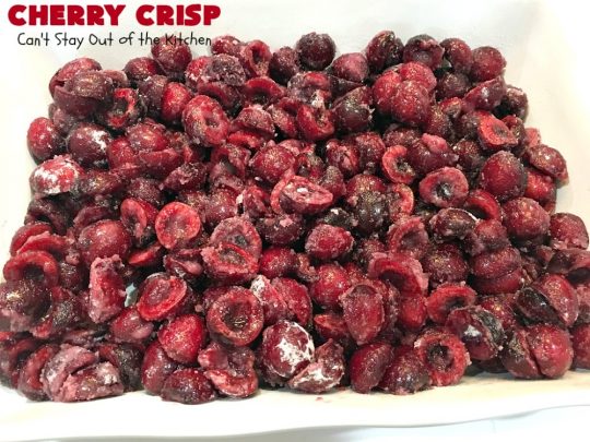 Cherry Crisp | Can't Stay Out of the Kitchen | this fantastic #recipe is the perfect #dessert now that #FreshCherries are in season. It's flavored with #AlmondExtract & has a delightful #Oatmeal topping. Terrific for potlucks, backyard barbecues & summer #holiday fun like #FourthOfJuly. #cherries #CherryCrisp #CherryDessert #HolidayDessert #NorthwestCherries #NorthwestCherryGrowers #NWCherries #Canbassador #NWCherryGrowers