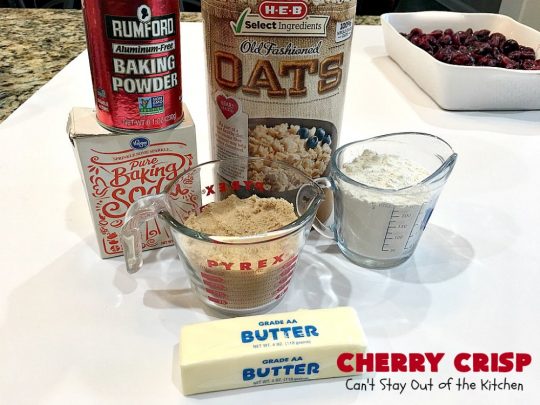 Cherry Crisp | Can't Stay Out of the Kitchen | this fantastic #recipe is the perfect #dessert now that #FreshCherries are in season. It's flavored with #AlmondExtract & has a delightful #Oatmeal topping. Terrific for potlucks, backyard barbecues & summer #holiday fun like #FourthOfJuly. #cherries #CherryCrisp #CherryDessert #HolidayDessert #NorthwestCherries #NorthwestCherryGrowers #NWCherries #Canbassador #NWCherryGrowers