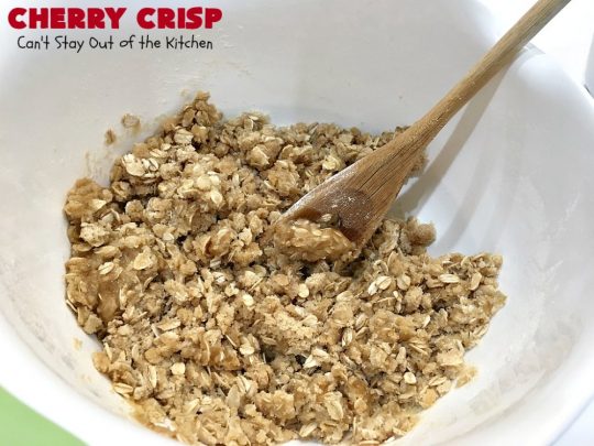 Cherry Crisp | Can't Stay Out of the Kitchen | this fantastic #recipe is the perfect #dessert now that #FreshCherries are in season. It's flavored with #AlmondExtract & has a delightful #Oatmeal topping. Terrific for potlucks, backyard barbecues & summer #holiday fun like #FourthOfJuly. #cherries #CherryCrisp #CherryDessert #HolidayDessert #NorthwestCherries #NorthwestCherryGrowers #NWCherries #Canbassador #NWCherryGrowers