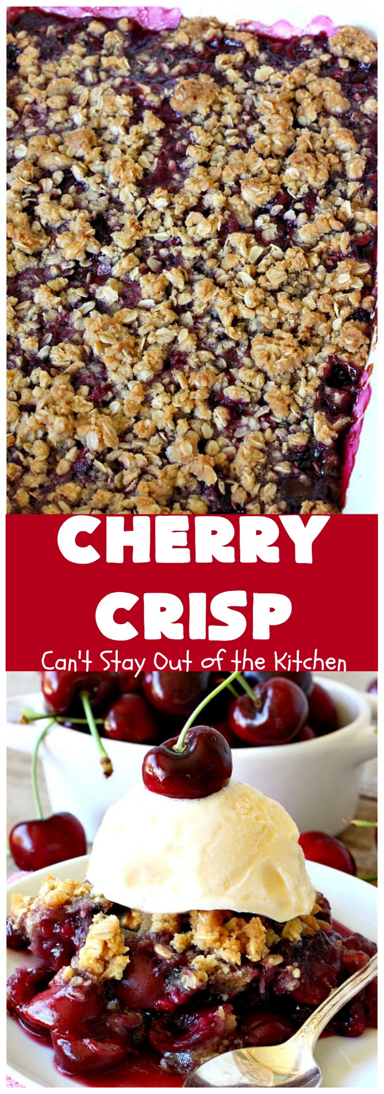 Cherry Crisp | Can't Stay Out of the Kitchen | this fantastic #recipe is the perfect #dessert now that #FreshCherries are in season. It's flavored with #AlmondExtract & has a delightful #Oatmeal topping. Terrific for potlucks, backyard barbecues & summer #holiday fun like #FourthOfJuly. #cherries #CherryCrisp #CherryDessert #HolidayDessert #NorthwestCherries #NorthwestCherryGrowers #NWCherries #Canbassador #NWCherryGrowers