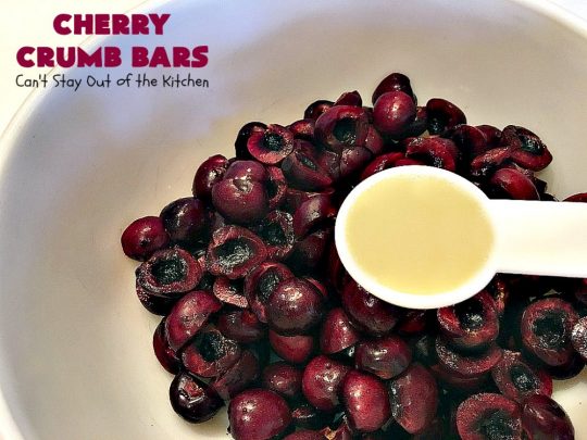 Cherry Crumb Bars | Can't Stay Out of the Kitchen | These mouthwatering bar-type #cookies are so spectacular. I guarantee you'll be drooling after the first bite! Terrific for summer #potlucks or #holidays when fresh #cherries are in season. #dessert #cherrydessert #Canbassador #NorthwestCherryGrowers