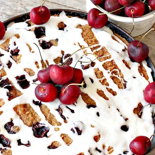Cherry Crumb Coffee Cake | Can't Stay Out of the Kitchen | this fantastic #cake is filled with fresh #cherries, topped with a streusel topping & glazed with a powdered sugar icing. Terrific for a summer #dessert or #breakfast #coffeecake when cherries are in season. #Canbassador #NorthwestCherryGrowers