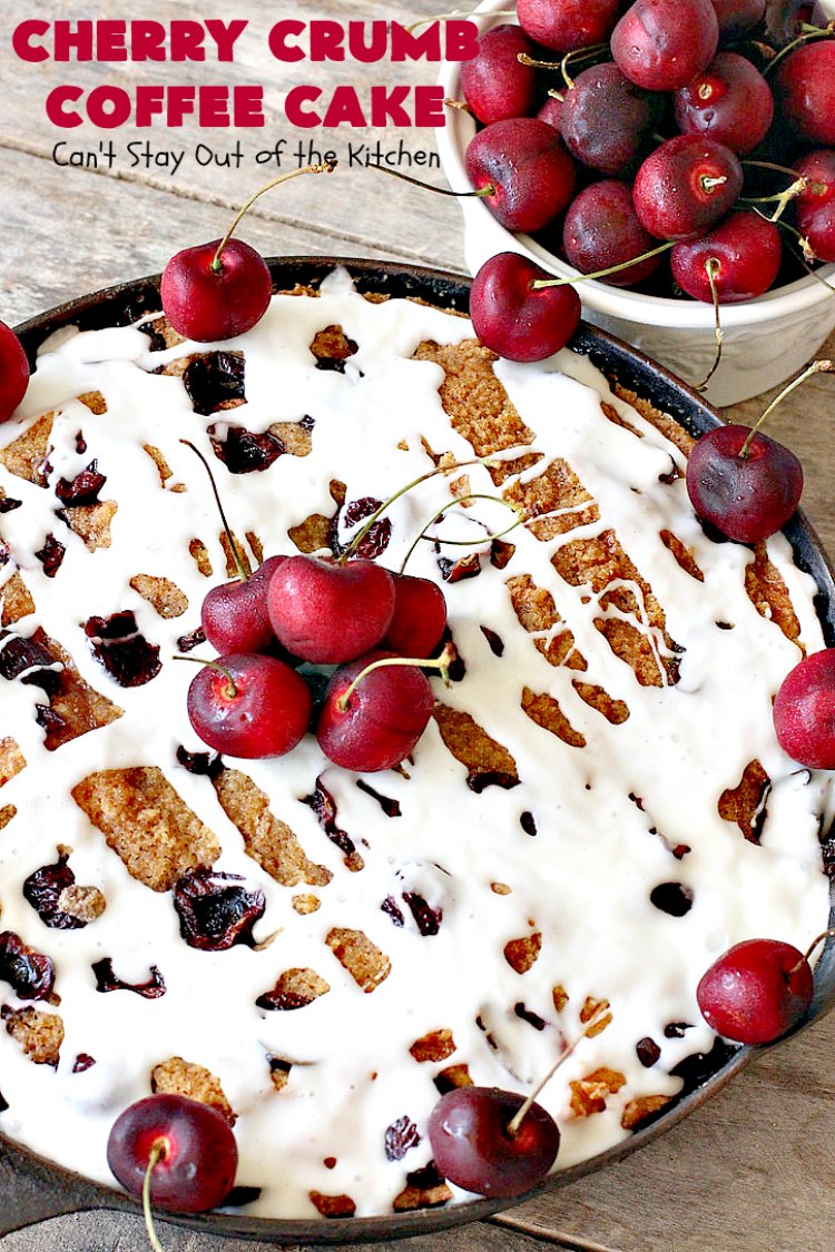 Cherry Crumb Coffee Cake | Can't Stay Out of the Kitchen | this fantastic #cake is filled with fresh #cherries, topped with a streusel topping & glazed with a powdered sugar icing. Terrific for a summer #dessert or #breakfast #coffeecake when cherries are in season. #Canbassador #NorthwestCherryGrowers