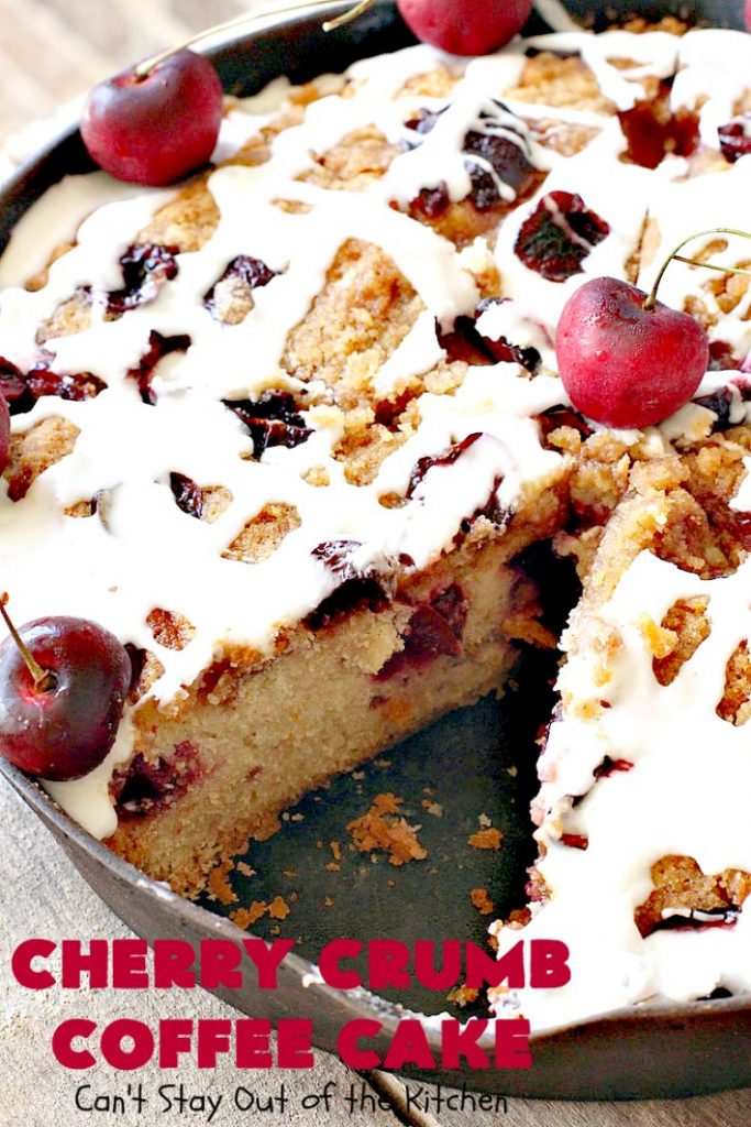 Cherry Crumb Coffee Cake | Can't Stay Out of the Kitchen | this fantastic #cake is filled with fresh #cherries, topped with a streusel topping & glazed with a powdered sugar icing. Terrific for a summer #dessert or #breakfast #coffeecake when cherries are in season. #Canbassador #NorthwestCherryGrowers