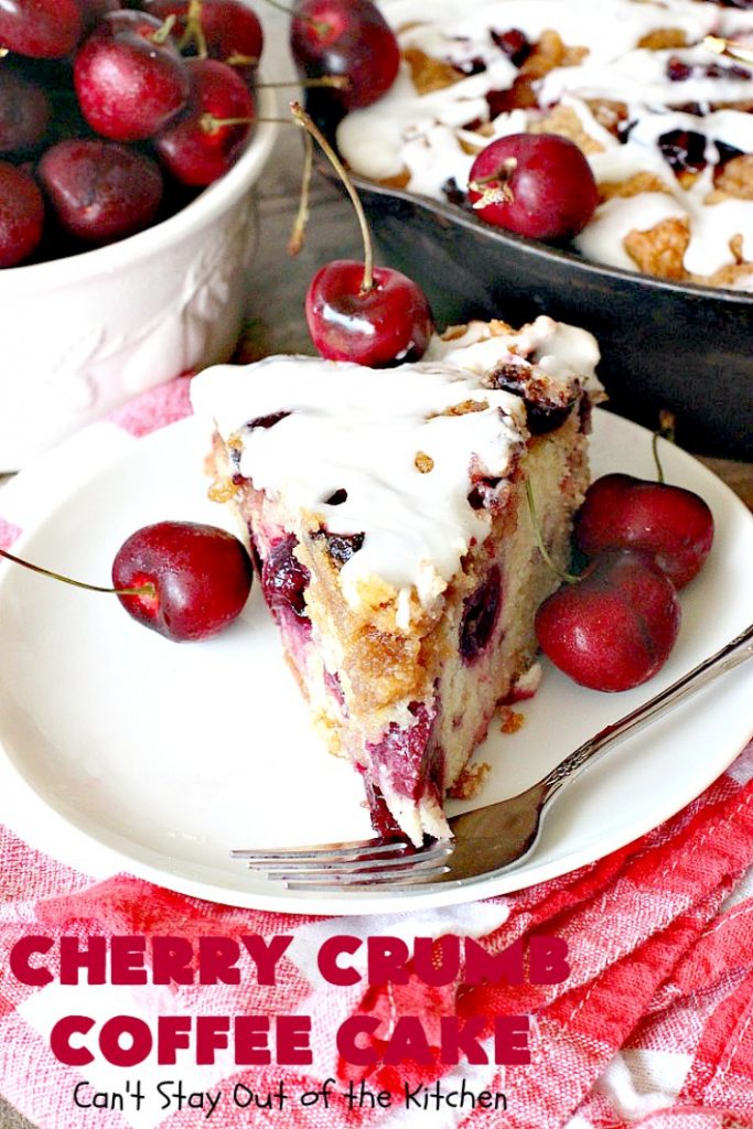 Cherry Crumb Coffee Cake | Can't Stay Out of the Kitchen | this fantastic #cake is filled with fresh #cherries, topped with a streusel topping & glazed with a powdered sugar icing. Terrific for a summer #dessert or #breakfast #coffeecake when cherries are in season. #Canbassador #NorthwestCherryGrowers
