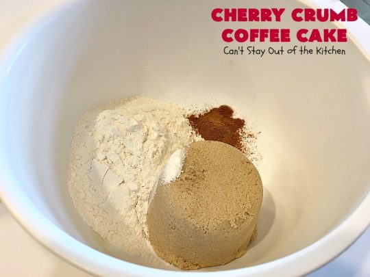 Cherry Crumb Coffee Cake | Can't Stay Out of the Kitchen | this fantastic #cake is filled with fresh #cherries, topped with a streusel topping & glazed with a powdered sugar icing. Terrific for a summer #dessert or #breakfast #coffeecake when cherries are in season. #Canbassador #NorthwestCherryGrowers