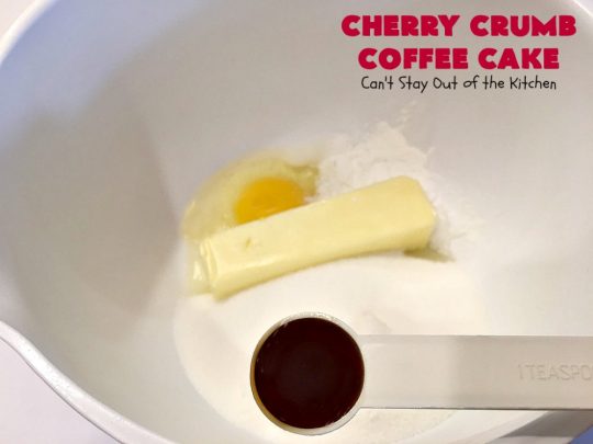 Cherry Crumb Coffee Cake | Can't Stay Out of the Kitchen | this fantastic #cake is filled with fresh #cherries, topped with a streusel topping & glazed with a powdered sugar icing. Terrific for a summer #dessert or #breakfast #coffeecake when cherries are in season. #Canbassador #NorthwestCherryGrowers