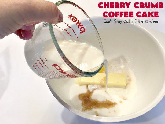 Cherry Crumb Coffee Cake | Can't Stay Out of the Kitchen | this fantastic #cake is filled with fresh #cherries, topped with a streusel topping & glazed with a powdered sugar icing. Terrific for a summer #dessert or #breakfast #coffeecake when cherries are in season. #Canbassador #NorthwestCherryGrowers