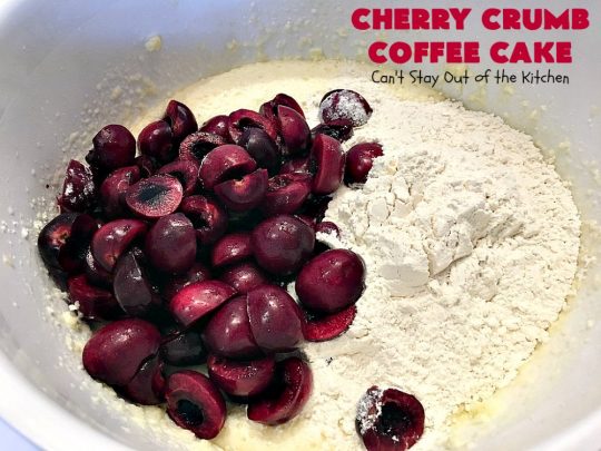 Cherry Crumb Coffee Cake | Can't Stay Out of the Kitchen | this fantastic #cake is filled with fresh #cherries, topped with a streusel topping & glazed with a powdered sugar icing. Terrific for a summer #dessert or #breakfast #coffeecake when cherries are in season. #Canbassador #NorthwestCherryGrowers