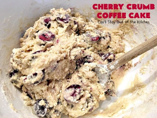 Cherry Crumb Coffee Cake | Can't Stay Out of the Kitchen | this fantastic #cake is filled with fresh #cherries, topped with a streusel topping & glazed with a powdered sugar icing. Terrific for a summer #dessert or #breakfast #coffeecake when cherries are in season. #Canbassador #NorthwestCherryGrowers