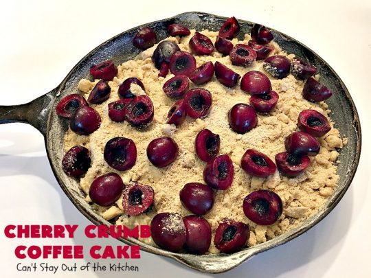 Cherry Crumb Coffee Cake | Can't Stay Out of the Kitchen | this fantastic #cake is filled with fresh #cherries, topped with a streusel topping & glazed with a powdered sugar icing. Terrific for a summer #dessert or #breakfast #coffeecake when cherries are in season. #Canbassador #NorthwestCherryGrowers