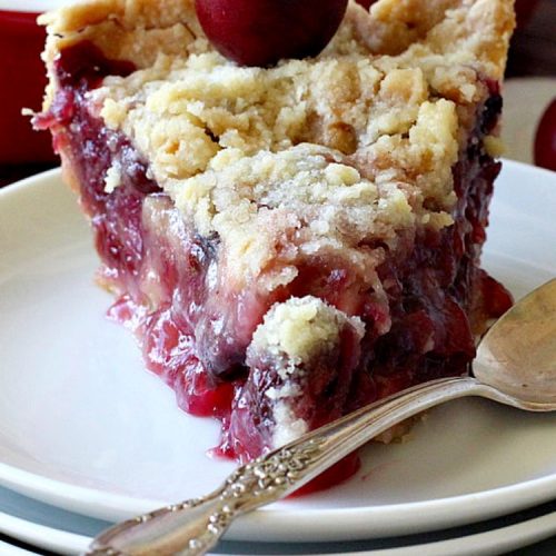 Cherry Crumb Pie | Can't Stay Out of the Kitchen | My Mom's delicious #recipe. This #pie is so drool-worthy & mouthwatering you'll be hard pressed to stay out of it! Perfect for a #summer #dessert when #FreshCherries are in season. #FourthOfJuly #Cherries #CherryPie #CherryCrumbPie #CherryDessert #Canbassador #NWCherries #NorthwestCherryGrowers
