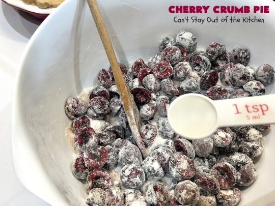 Cherry Crumb Pie | Can't Stay Out of the Kitchen | My Mom's delicious #recipe. This #pie is so drool-worthy & mouthwatering you'll be hard pressed to stay out of it! Perfect for a #summer #dessert when #FreshCherries are in season. #FourthOfJuly #Cherries #CherryPie #CherryCrumbPie #CherryDessert #Canbassador #NWCherries #NorthwestCherryGrowers