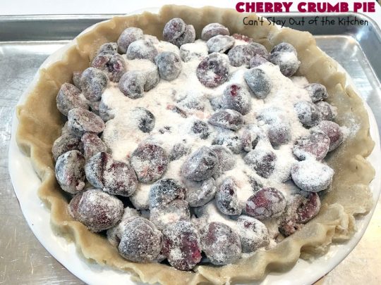 Cherry Crumb Pie | Can't Stay Out of the Kitchen | My Mom's delicious #recipe. This #pie is so drool-worthy & mouthwatering you'll be hard pressed to stay out of it! Perfect for a #summer #dessert when #FreshCherries are in season. #FourthOfJuly #Cherries #CherryPie #CherryCrumbPie #CherryDessert #Canbassador #NWCherries #NorthwestCherryGrowers