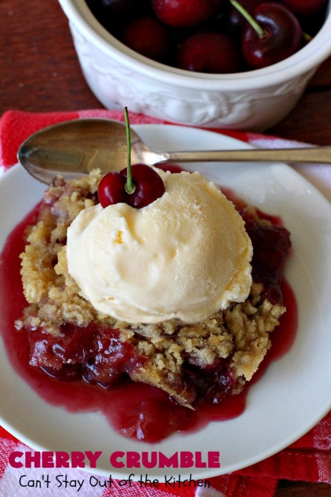 Cherry Crumble | Can't Stay Out of the Kitchen | this delectable #dessert is a cross between #CherryCobbler & #CherryCrisp. It's easier to make & delightful comfort food for #summer when #FreshCherries are in season. #cherries #CherryDessert #CherryCrumble #FourthOfJuly #Canbassador #NorthwestCherriesGrowers #NWCherries #SummerDessert