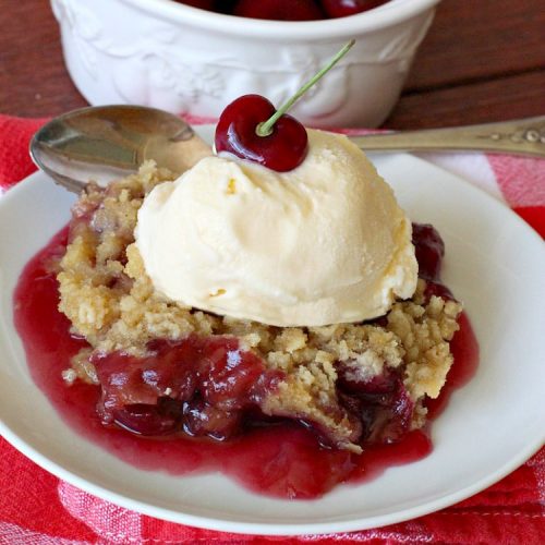 Cherry Crumble | Can't Stay Out of the Kitchen | this delectable #dessert is a cross between #CherryCobbler & #CherryCrisp. It's easier to make & delightful comfort food for #summer when #FreshCherries are in season. #cherries #CherryDessert #CherryCrumble #FourthOfJuly #Canbassador #NorthwestCherriesGrowers #NWCherries #SummerDessert