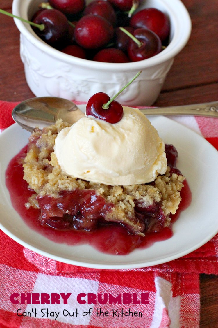 Cherry Crumble | Can't Stay Out of the Kitchen | this delectable #dessert is a cross between #CherryCobbler & #CherryCrisp. It's easier to make & delightful comfort food for #summer when #FreshCherries are in season. #cherries #CherryDessert #CherryCrumble #FourthOfJuly #Canbassador #NorthwestCherriesGrowers #NWCherries #SummerDessert