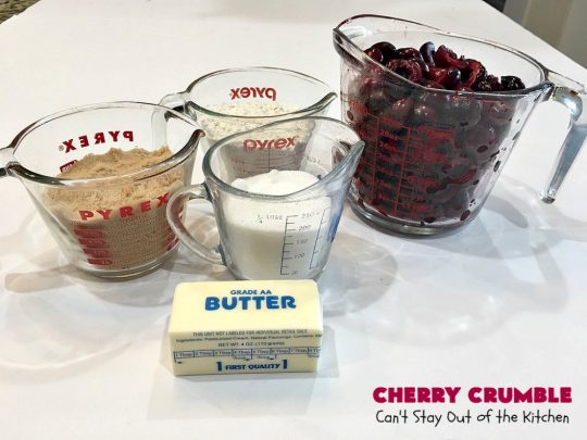 Cherry Crumble | Can't Stay Out of the Kitchen | this delectable #dessert is a cross between #CherryCobbler & #CherryCrisp. It's easier to make & delightful comfort food for #summer when #FreshCherries are in season. #cherries #CherryDessert #CherryCrumble #FourthOfJuly #Canbassador #NorthwestCherriesGrowers #NWCherries #SummerDessert