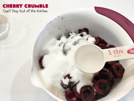 Cherry Crumble | Can't Stay Out of the Kitchen | this delectable #dessert is a cross between #CherryCobbler & #CherryCrisp. It's easier to make & delightful comfort food for #summer when #FreshCherries are in season. #cherries #CherryDessert #CherryCrumble #FourthOfJuly #Canbassador #NorthwestCherriesGrowers #NWCherries #SummerDessert