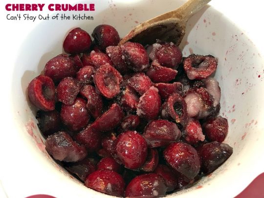 Cherry Crumble | Can't Stay Out of the Kitchen | this delectable #dessert is a cross between #CherryCobbler & #CherryCrisp. It's easier to make & delightful comfort food for #summer when #FreshCherries are in season. #cherries #CherryDessert #CherryCrumble #FourthOfJuly #Canbassador #NorthwestCherriesGrowers #NWCherries #SummerDessert