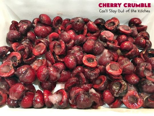 Cherry Crumble | Can't Stay Out of the Kitchen | this delectable #dessert is a cross between #CherryCobbler & #CherryCrisp. It's easier to make & delightful comfort food for #summer when #FreshCherries are in season. #cherries #CherryDessert #CherryCrumble #FourthOfJuly #Canbassador #NorthwestCherriesGrowers #NWCherries #SummerDessert