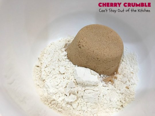 Cherry Crumble | Can't Stay Out of the Kitchen | this delectable #dessert is a cross between #CherryCobbler & #CherryCrisp. It's easier to make & delightful comfort food for #summer when #FreshCherries are in season. #cherries #CherryDessert #CherryCrumble #FourthOfJuly #Canbassador #NorthwestCherriesGrowers #NWCherries #SummerDessert