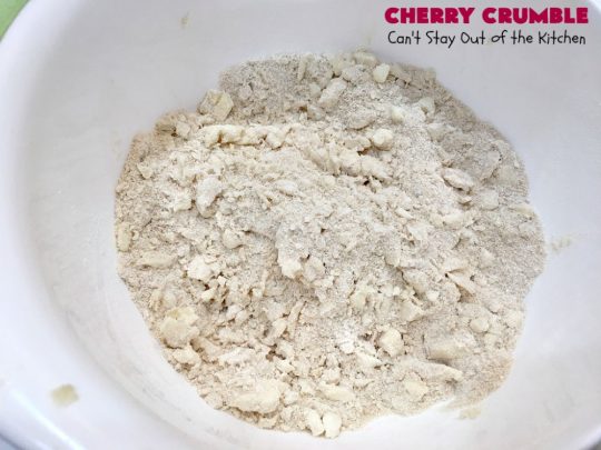 Cherry Crumble | Can't Stay Out of the Kitchen | this delectable #dessert is a cross between #CherryCobbler & #CherryCrisp. It's easier to make & delightful comfort food for #summer when #FreshCherries are in season. #cherries #CherryDessert #CherryCrumble #FourthOfJuly #Canbassador #NorthwestCherriesGrowers #NWCherries #SummerDessert