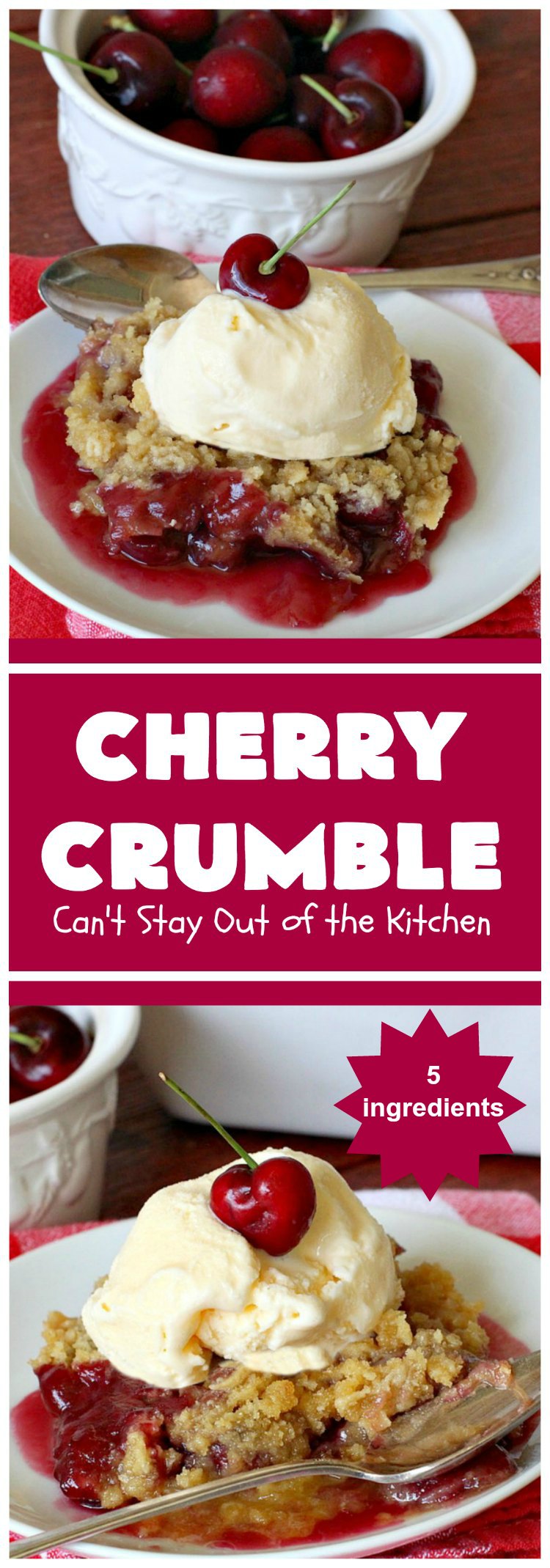 Cherry Crumble | Can't Stay Out of the Kitchen | this delectable #dessert is a cross between #CherryCobbler & #CherryCrisp. It's easier to make & delightful comfort food for #summer when #FreshCherries are in season. #cherries #CherryDessert #CherryCrumble #FourthOfJuly #Canbassador #NorthwestCherriesGrowers #NWCherries #SummerDessert