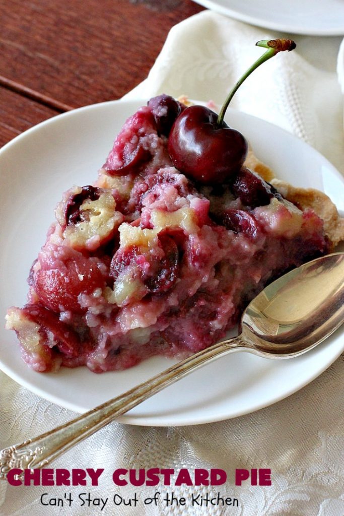 Cherry Custard Pie | Can't Stay Out of the Kitchen | try this irresistible #recipe as an alternative to traditional #CherryPie. It's rich, decadent & mouthwatering. Marvelous #dessert for the #summer when #FreshCherries are in season. #Custard #CherryCustardPie #CherryDessert #NWCherries #NorthwestCherryGrowers #Canbassador