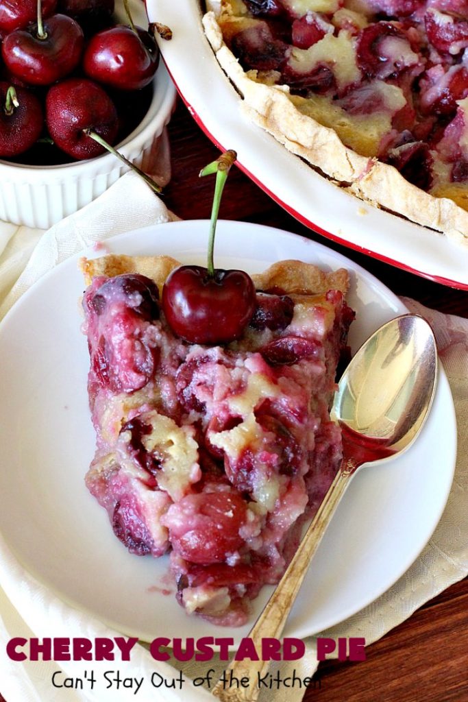 Cherry Custard Pie | Can't Stay Out of the Kitchen | try this irresistible #recipe as an alternative to traditional #CherryPie. It's rich, decadent & mouthwatering. Marvelous #dessert for the #summer when #FreshCherries are in season. #Custard #CherryCustardPie #CherryDessert #NWCherries #NorthwestCherryGrowers #Canbassador