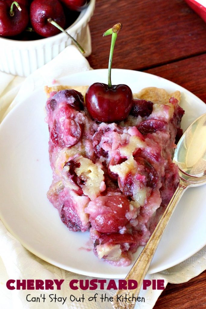 Cherry Custard Pie | Can't Stay Out of the Kitchen | try this irresistible #recipe as an alternative to traditional #CherryPie. It's rich, decadent & mouthwatering. Marvelous #dessert for the #summer when #FreshCherries are in season. #Custard #CherryCustardPie #CherryDessert #NWCherries #NorthwestCherryGrowers #Canbassador