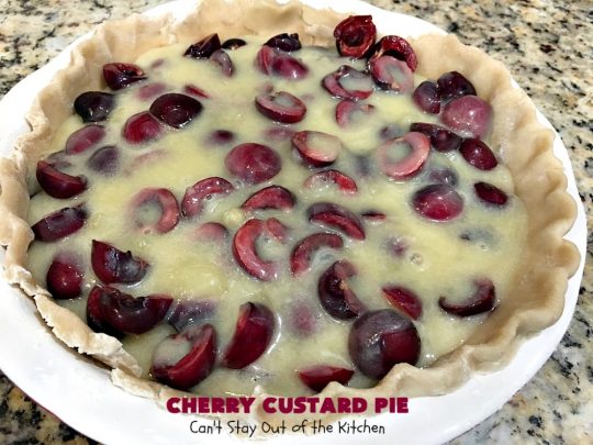 Cherry Custard Pie | Can't Stay Out of the Kitchen | try this irresistible #recipe as an alternative to traditional #CherryPie. It's rich, decadent & mouthwatering. Marvelous #dessert for the #summer when #FreshCherries are in season. #Custard #CherryCustardPie #CherryDessert #NWCherries #NorthwestCherryGrowers #Canbassador