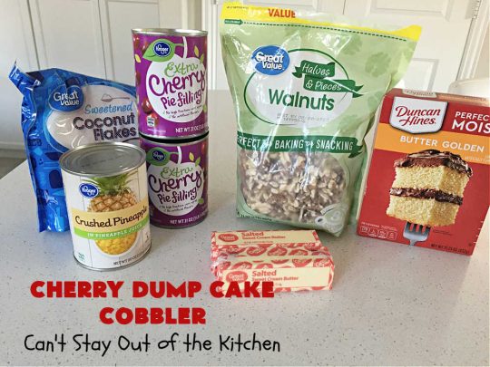 Cherry Dump Cake Cobbler | Can't Stay Out of the Kitchen | this fantastic #cobbler features #CherryPieFilling & #pineapple along with #walnuts & #coconut. Since it's a #DumpCake the recipe is layered and dumped out into the baking dish. So easy & only 6 ingredients! #CherryCobbler #CherryDumpCakeCobbler