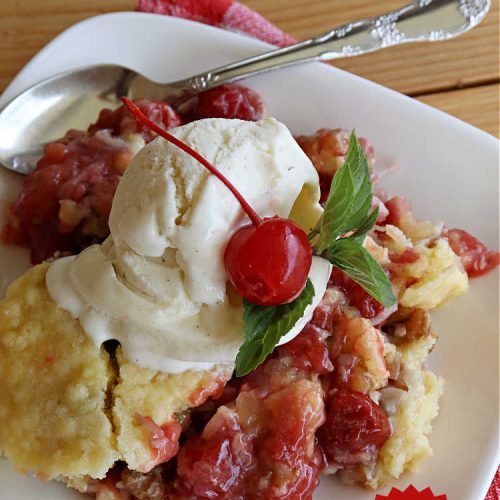 Cherry Dump Cake Cobbler | Can't Stay Out of the Kitchen | this fantastic #cobbler features #CherryPieFilling & #pineapple along with #walnuts & #coconut. Since it's a #DumpCake the recipe is layered and dumped out into the baking dish. So easy & only 6 ingredients! #CherryCobbler #CherryDumpCakeCobbler