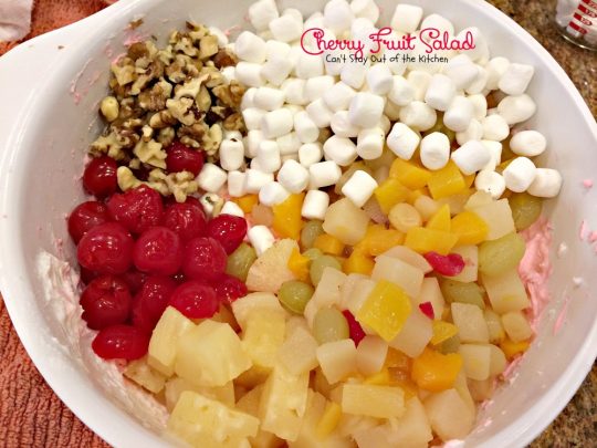 Cherry Fruit Salad | Can't Stay Out of the Kitchen | my husband's favorite #salad recipe. Sweet enough to serve as a #dessert! #fruitsalad #cherries
