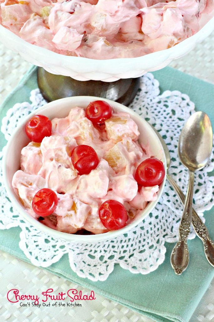 Cherry Fruit Salad | Can't Stay Out of the Kitchen | my husband's favorite #salad recipe. Sweet enough to serve as a #dessert! #fruitsalad #cherries