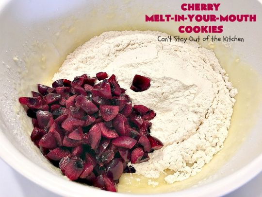 Cherry Melt-In-Your-Mouth Cookies | Can't Stay Out of the Kitchen | these fantastic #cookies dissolve in our mouth! They are heavenly with the addition of fresh #cherries. Perfect #summer #dessert. #cherrydessert #Canbassador #NorthwestCherryGrowers