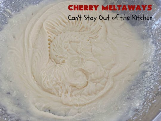 Cherry Meltaways | Can't Stay Out of the Kitchen | #CherryMeltaways are so irresistible & mouthwatering. These festive & beautiful #cookies seem to just melt in the mouth! This #dessert includes #CandiedCherries & #almond extract to bump up the flavors. Perfect for #holiday & #Christmas parties since each batch makes about 5 1/2 dozen. #CherryDessert #HolidayDessert #cherries #ChristmasCookieExchange
