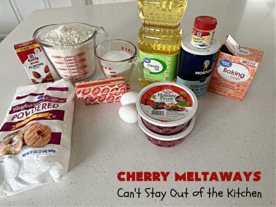 Cherry Meltaways | Can't Stay Out of the Kitchen | #CherryMeltaways are so irresistible & mouthwatering. These festive & beautiful #cookies seem to just melt in the mouth! This #dessert includes #CandiedCherries & #almond extract to bump up the flavors. Perfect for #holiday & #Christmas parties since each batch makes about 5 1/2 dozen. #CherryDessert #HolidayDessert #cherries #ChristmasCookieExchange