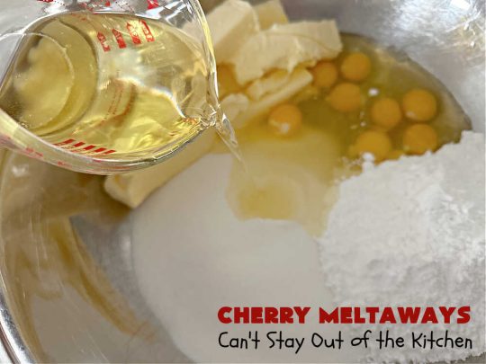 Cherry Meltaways | Can't Stay Out of the Kitchen | #CherryMeltaways are so irresistible & mouthwatering. These festive & beautiful #cookies seem to just melt in the mouth! This #dessert includes #CandiedCherries & #almond extract to bump up the flavors. Perfect for #holiday & #Christmas parties since each batch makes about 5 1/2 dozen. #CherryDessert #HolidayDessert #cherries #ChristmasCookieExchange