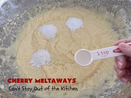 Cherry Meltaways | Can't Stay Out of the Kitchen | #CherryMeltaways are so irresistible & mouthwatering. These festive & beautiful #cookies seem to just melt in the mouth! This #dessert includes #CandiedCherries & #almond extract to bump up the flavors. Perfect for #holiday & #Christmas parties since each batch makes about 5 1/2 dozen. #CherryDessert #HolidayDessert #cherries #ChristmasCookieExchange