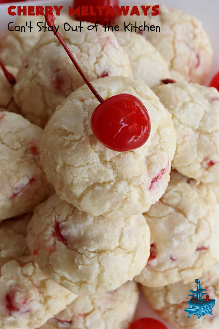 Cherry Meltaways | Can't Stay Out of the Kitchen | #CherryMeltaways are so irresistible & mouthwatering. These festive & beautiful #cookies seem to just melt in the mouth! This #dessert includes #CandiedCherries & #almond extract to bump up the flavors. Perfect for #holiday & #Christmas parties since each batch makes about 5 1/2 dozen. #CherryDessert #HolidayDessert #cherries #ChristmasCookieExchange
