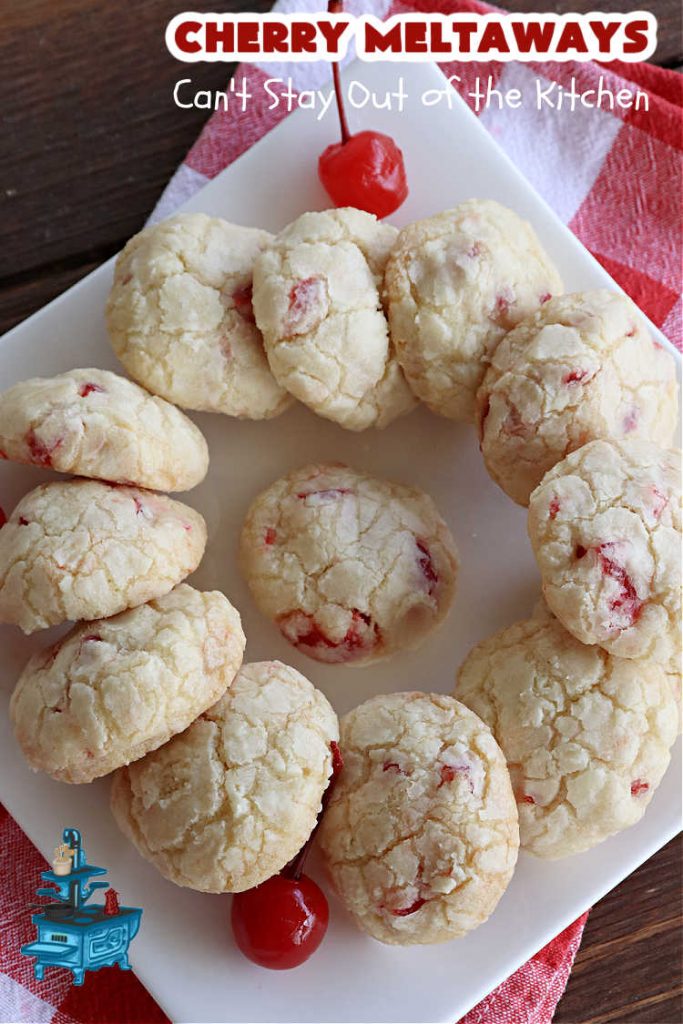 Cherry Meltaways | Can't Stay Out of the Kitchen | #CherryMeltaways are so irresistible & mouthwatering. These festive & beautiful #cookies seem to just melt in the mouth! This #dessert includes #CandiedCherries & #almond extract to bump up the flavors. Perfect for #holiday & #Christmas parties since each batch makes about 5 1/2 dozen. #CherryDessert #HolidayDessert #cherries #ChristmasCookieExchange