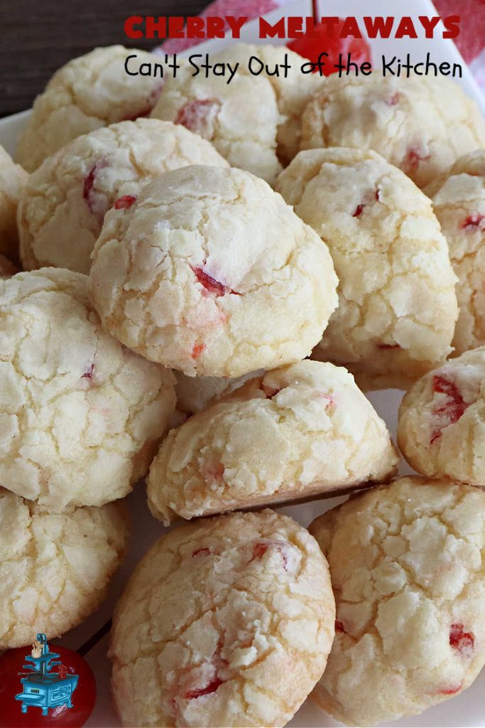 Cherry Meltaways | Can't Stay Out of the Kitchen | #CherryMeltaways are so irresistible & mouthwatering. These festive & beautiful #cookies seem to just melt in the mouth! This #dessert includes #CandiedCherries & #almond extract to bump up the flavors. Perfect for #holiday & #Christmas parties since each batch makes about 5 1/2 dozen. #CherryDessert #HolidayDessert #cherries #ChristmasCookieExchange