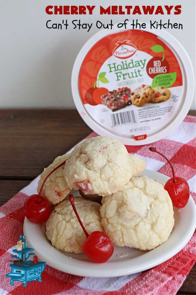 Cherry Meltaways | Can't Stay Out of the Kitchen | #CherryMeltaways are so irresistible & mouthwatering. These festive & beautiful #cookies seem to just melt in the mouth! This #dessert includes #CandiedCherries & #almond extract to bump up the flavors. Perfect for #holiday & #Christmas parties since each batch makes about 5 1/2 dozen. #CherryDessert #HolidayDessert #cherries #ChristmasCookieExchange