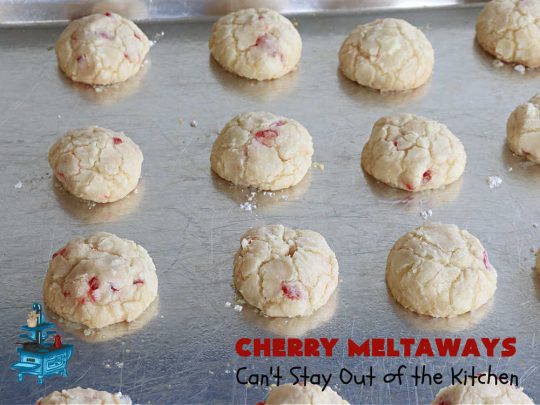 Cherry Meltaways | Can't Stay Out of the Kitchen | #CherryMeltaways are so irresistible & mouthwatering. These festive & beautiful #cookies seem to just melt in the mouth! This #dessert includes #CandiedCherries & #almond extract to bump up the flavors. Perfect for #holiday & #Christmas parties since each batch makes about 5 1/2 dozen. #CherryDessert #HolidayDessert #cherries #ChristmasCookieExchange