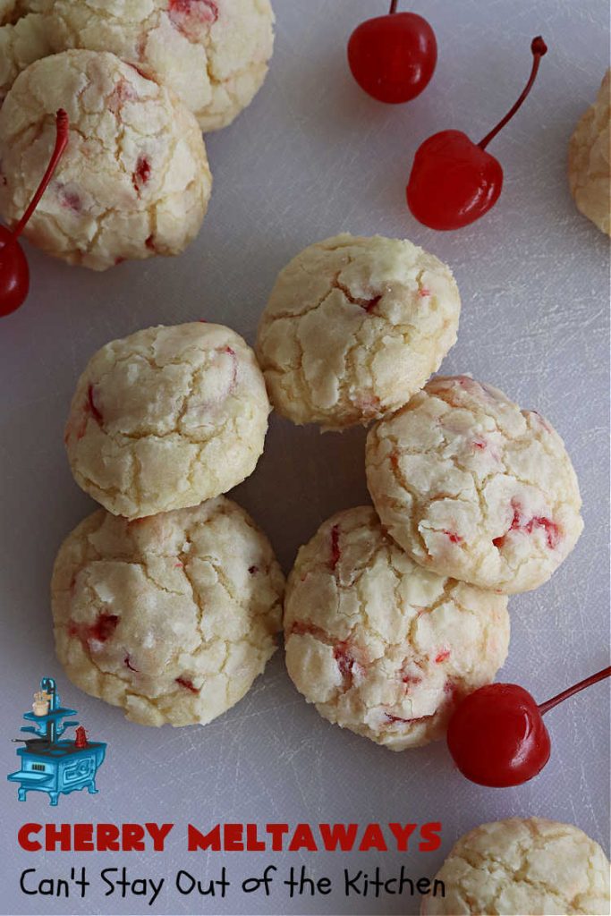 Cherry Meltaways | Can't Stay Out of the Kitchen | #CherryMeltaways are so irresistible & mouthwatering. These festive & beautiful #cookies seem to just melt in the mouth! This #dessert includes #CandiedCherries & #almond extract to bump up the flavors. Perfect for #holiday & #Christmas parties since each batch makes about 5 1/2 dozen. #CherryDessert #HolidayDessert #cherries #ChristmasCookieExchange