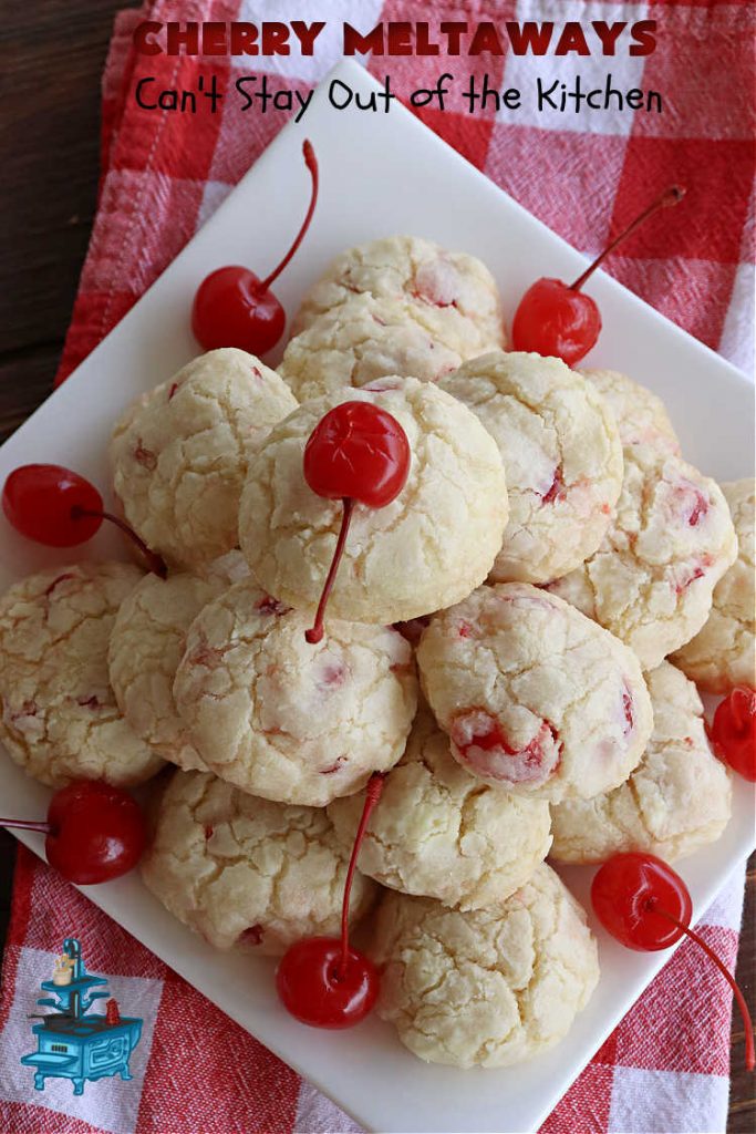 Cherry Meltaways | Can't Stay Out of the Kitchen | #CherryMeltaways are so irresistible & mouthwatering. These festive & beautiful #cookies seem to just melt in the mouth! This #dessert includes #CandiedCherries & #almond extract to bump up the flavors. Perfect for #holiday & #Christmas parties since each batch makes about 5 1/2 dozen. #CherryDessert #HolidayDessert #cherries #ChristmasCookieExchange