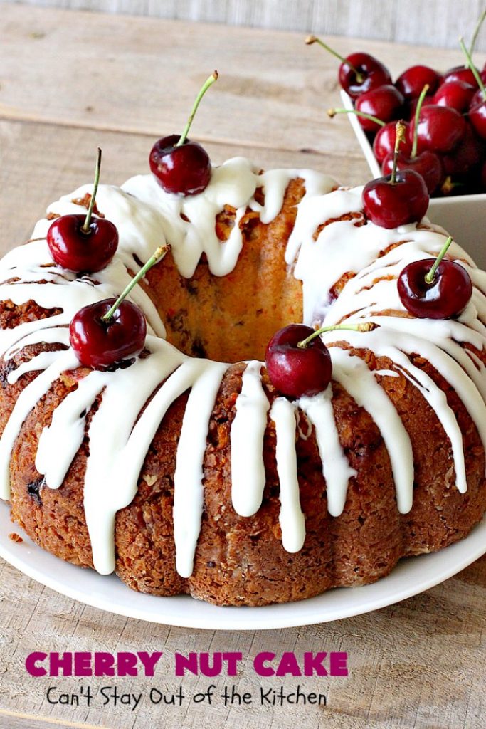 Cherry Nut Cake | Can't Stay Out of the Kitchen | this vintage #recipe uses #FreshCherries, #CherryChipCakeMix, #Pecans & #coconut. It's absolutely mouthwatering & will surely cure any sweet tooth craving you have. Great #summer #dessert when #cherries are in season. #CherryNutCake #CherryCake #CherryDessert #Holiday #cake #HolidayDessert #Fourth of July Dessert #FavoriteCherryCake